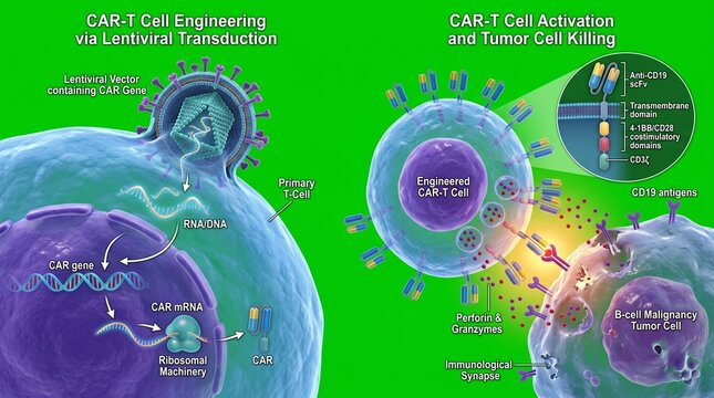 CAR-T cell engineering and tumor cell killing mechanism medical illustration