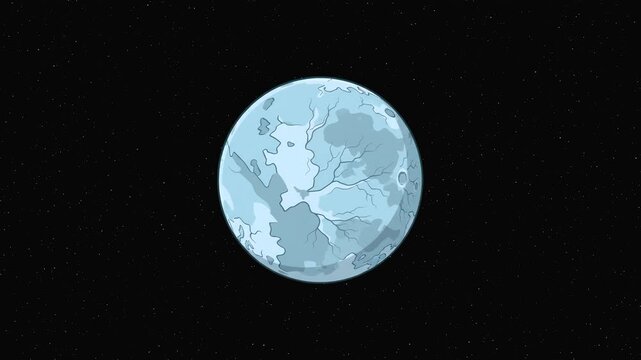 A 2D stylized light blue icy moon planet with detailed surface craters spinning against a dark starry space backdrop. Suitable for space exploration documentaries, sci-fi video games, and astronomical