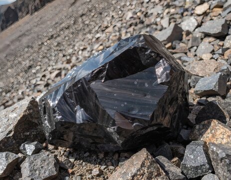 Obsidian Stone with Sharp Multifaceted Form Standing Out on a Barren Slope of Gravel and Rock Debris