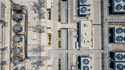 Obraz premium Aerial view of a sprawling industrial power complex with extensive electrical substations, towering transmission lines, and large cooling units, essential for modern energy infrastructure