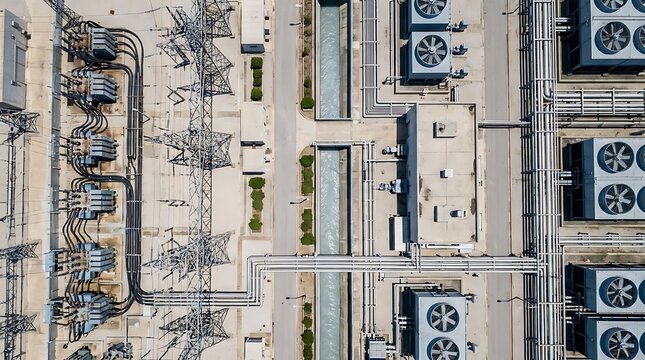 Aerial view of a sprawling industrial power complex with extensive electrical substations, towering transmission lines, and large cooling units, essential for modern energy infrastructure