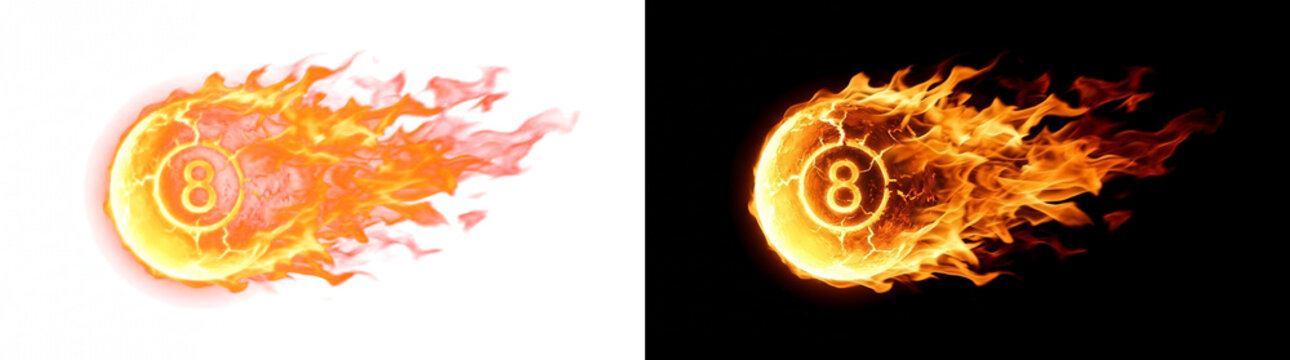 Motion trailed flaming eight ball sphere fireball with sweeping tail tongues fire overlay isolated on transparent background