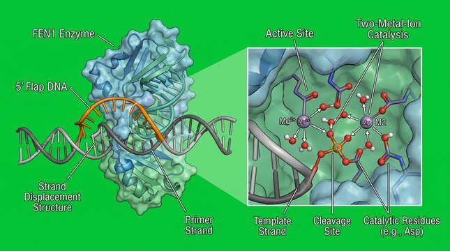 FEN1 enzyme cleaving 5 prime DNA flap structure and active site chemical mechanism