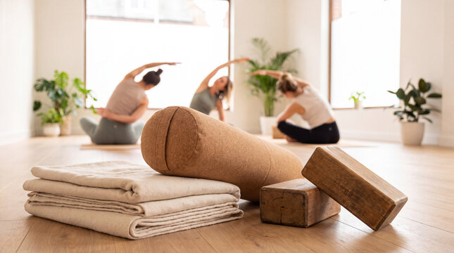 Yoga bolster blanket and blocks are arranged for relaxation in a serene studio for National Yoga Awareness Month ads