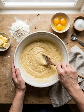 Baking and Mixing Dough for a Homemade Cake Batter in the Kitchen