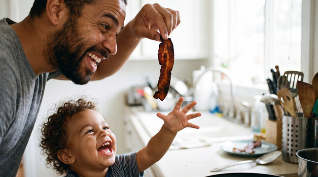 Father is holding up crispy bacon while a laughing toddler reaches for it, playful International Bacon Day breakfast fun for social posts