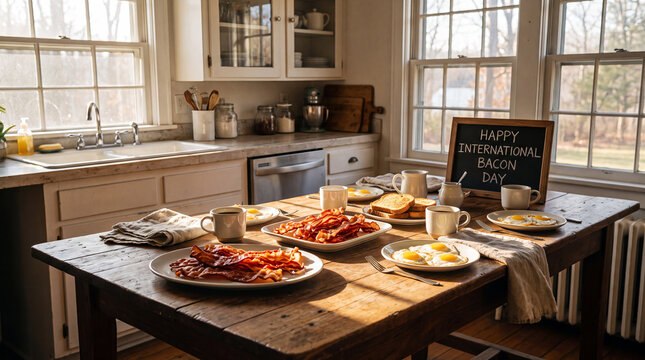 Sunny kitchen breakfast area with sunlight streaming through windows and a set table is a bright International Bacon Day home scene for wallpapers