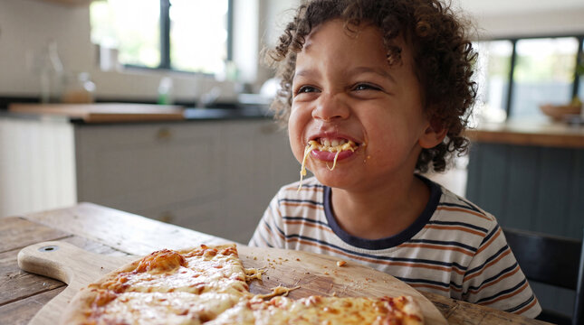 Cheese Pizza Day features a happy toddler with mouth full of cheese pizza for fun banner