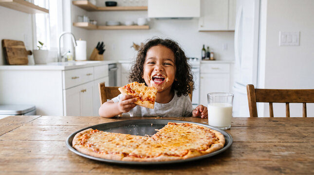 Cheese Pizza Day features a smiling toddler eating cheese pizza at kitchen table for banner
