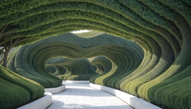 Surreal green garden hedge tunnel path.