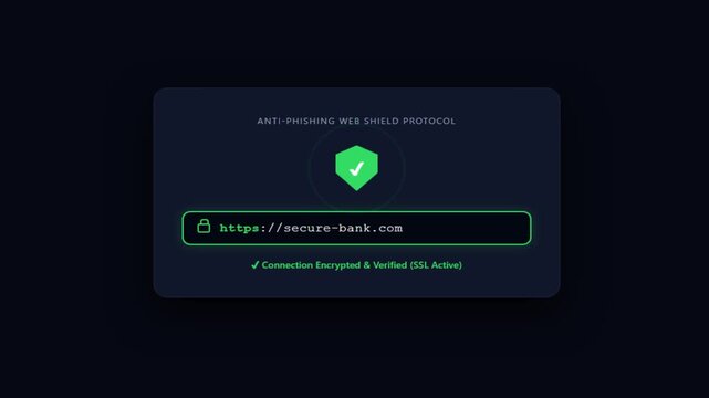 Glowing Anti-Phishing Web Shield Protocol security verification UI with encrypted SSL connection and verified URL against a dark background motion graphic loop