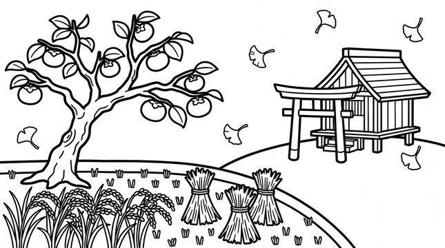 柿の木と神社と稲穂がある日本の秋のぬりえ