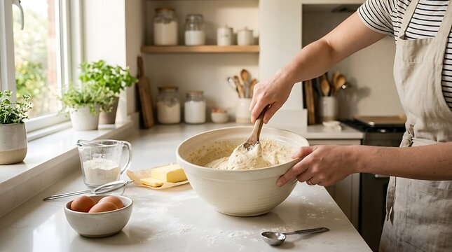 Woman Baking and Mixing Dough in a Bright Cozy Home Kitchen Setting