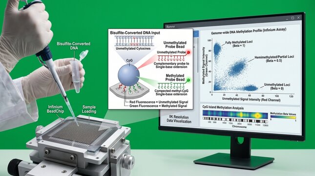 Scientist performing DNA methylation analysis with microarray and computer data processing
