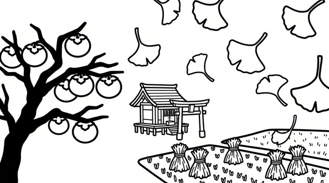 柿の木と神社と田園を描いた日本の秋の線画