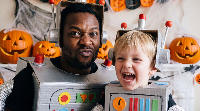 Halloween features father and son in cardboard robot costumes making funny faces for poster