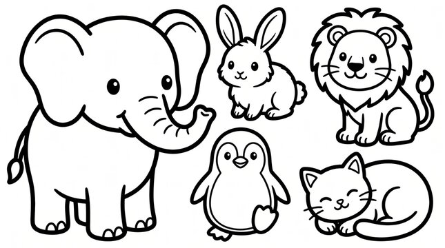 象やうさぎなどのかわいい動物の線画セット