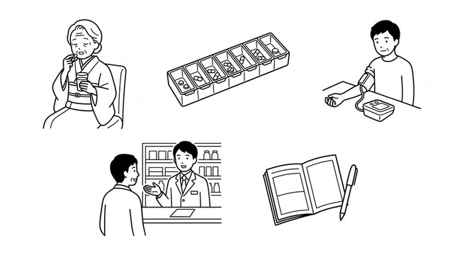 薬局相談と服薬支援を描いた医療の線画セット