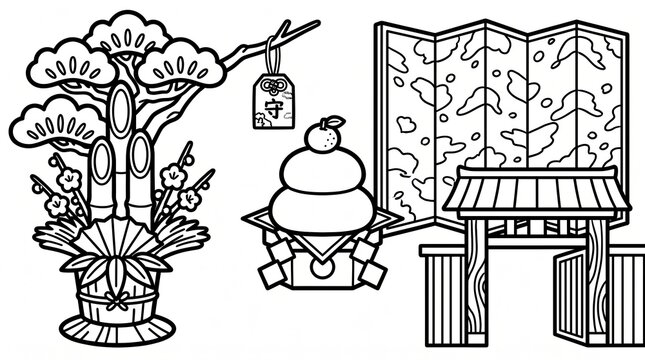 門松と鏡餅と屏風を描いた和風のお正月ぬりえ