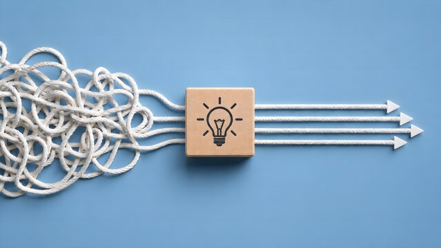 Tangled rope transforming into straight arrows through wooden block with lightbulb icon representing problem solving simplification and creative idea