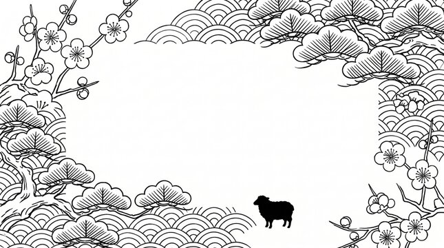 梅と松と羊をあしらった年賀状の線画フレーム