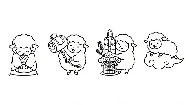 お辞儀と門松を描いた羊のお正月線画セット