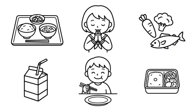 給食トレーと弁当を食べる子供の線画セット