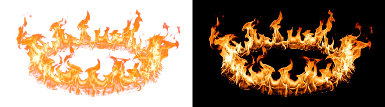 Radial bonfire flame crown with sweeping jagged tongues and incandescent core, glowing fire transparent design element