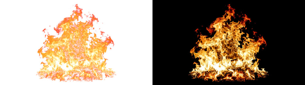 Towering tiered bonfire crown of chaotic ragged flame tongues, burning effect cutout with real transparency