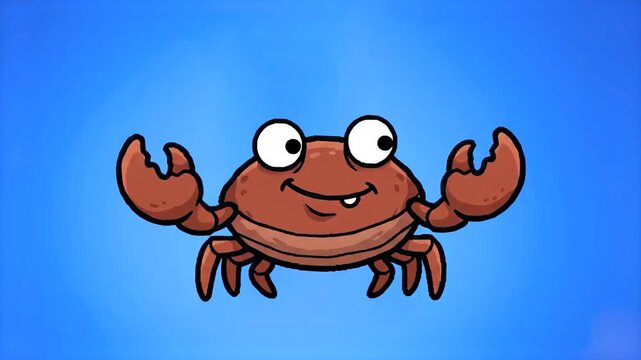A goofy cartoon red crab character with big round eyes and raised claws dancing cheerfully on a bright blue background. Ideal for ocean life videos, summer party promos, kids beach animations, and hum