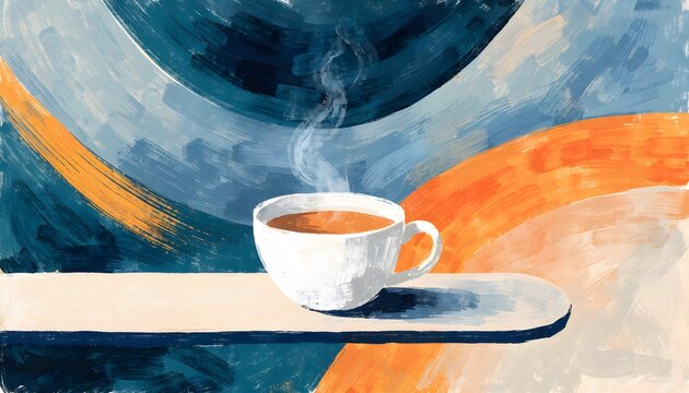 Hot coffee cup with steam on a table against abstract textured background. Morning routine and cozy cafe concept. Ceramic mug with hot beverage resting on a flat surface