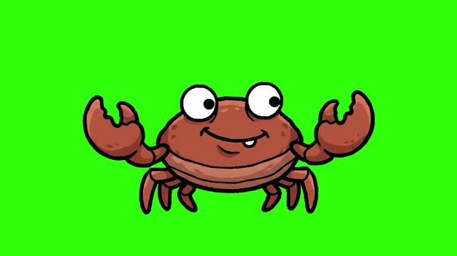 A funny cartoon red crab character with big round eyes and raised claws dancing cheerfully against a chroma key green backdrop. Ideal for summer party promos, ocean life videos, kids beach animations,