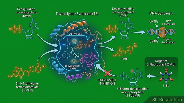 Thymidylate synthase enzyme mechanism diagram showing dUMP to dTMP conversion process