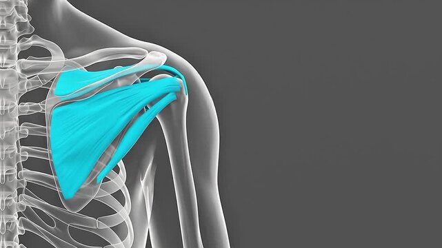 Shoulder Blade Animation Showing Subscapularis Muscle and Rotator Cuff Movement on Grey Background