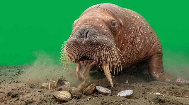 Walrus digging for clams in shallow Arctic waters with tusks visible underwater