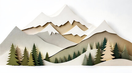 Fototapeta premium Minimalist 3D papercut snowy mountain landscape background featuring white peaks and pine trees for winter sports and alpine adventure concepts