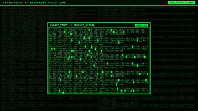 Cyber Heist Mainframe Vault Decryption Hacker Terminal Screen Animation.