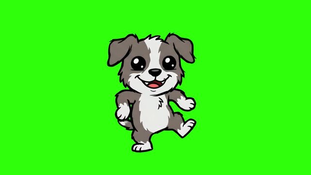 A cheerful 2D cartoon grey and white puppy dog dancing joyfully over a solid green chroma key background. Perfect for kids educational videos, animal shows, musical clips, and fun motion graphics.