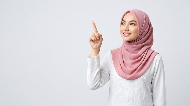 Young Muslim Woman Pointing Up at Empty Space for Product Promotion