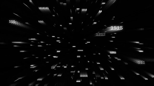 Abstract binary code fly through animation, 3D monochromatic digital number tunnel loop on dark background 4k
