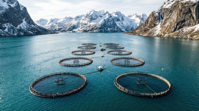 Salmon Fish Farm Aquaculture Cages in Norwegian Fjord Landscape.
