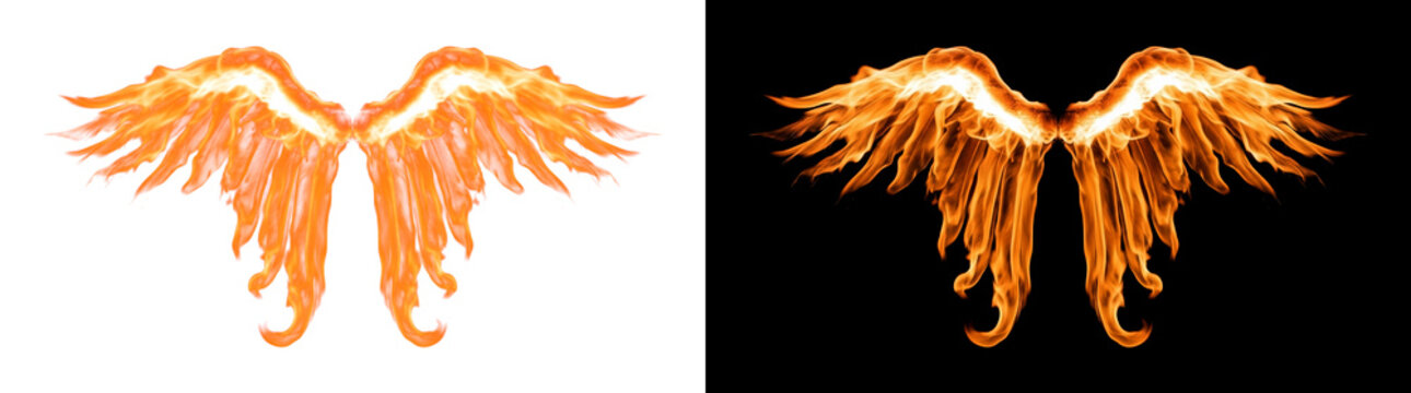 Downward arched burning wing pair with drooping flame ribbons, burning effect cutout with real transparency