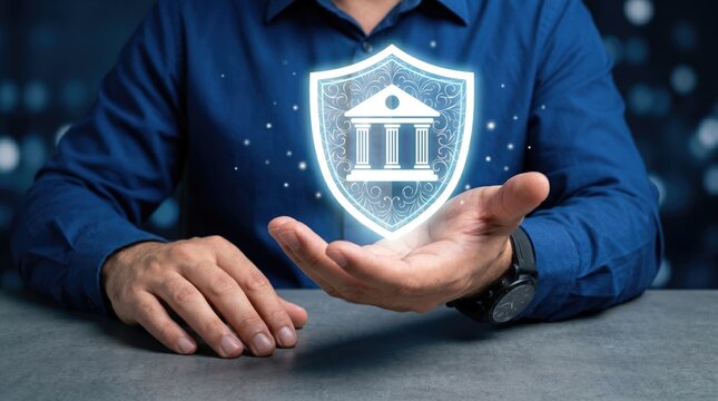 Hands holding illuminated shield with building icon above table