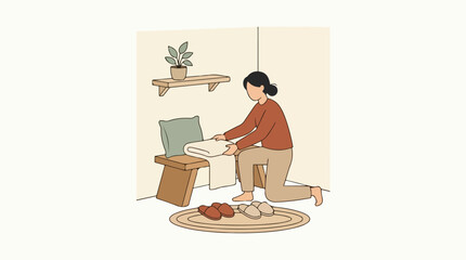 Fototapeta premium A woman organizes her peaceful hallway by neatly folding soft blankets onto a wooden entryway bench while wearing comfortable indoor slippers beside a hanging shelf holding a potted houseplant