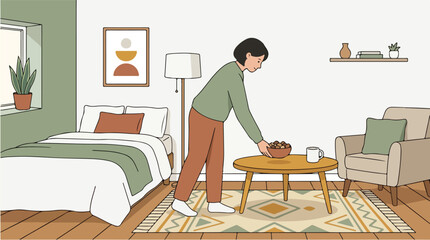 Fototapeta premium A woman carefully places a small wooden bowl onto a coffee table inside her cozy bedroom filled with comfortable furniture and warm earthy decor elements creating a peaceful domestic atmosphere