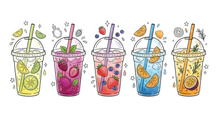 Obraz premium Iced Fruit Soda Drinks Collection Set Vector Illustration Takeaway Cups