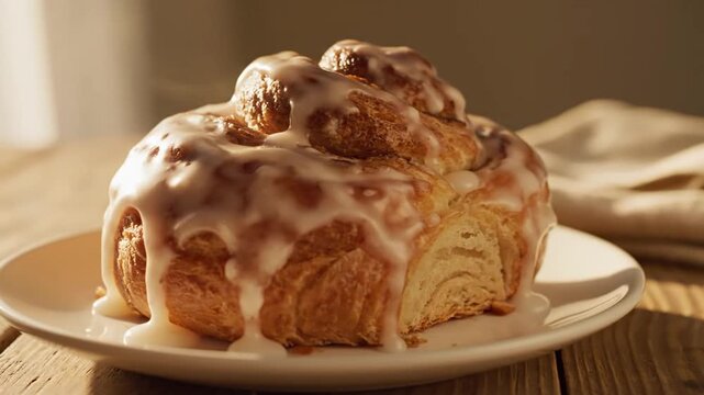 Fresh cinnamon roll with white glaze on a rustic table in sun.