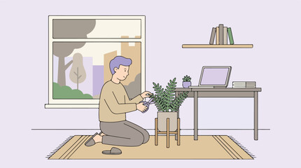Fototapeta premium A young person kneeling on a cozy carpet inside a peaceful room happily trims green fern leaves using small gardening shears beside a desk containing a computer and books near a sunny window
