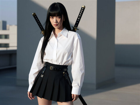 Young Asian woman with twin katanas on back wearing white shirt and pleated skirt