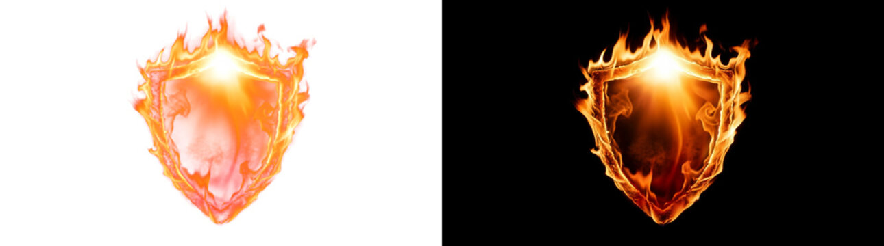 Blazing shield pendant bezel frame burning with intense fiery glow for transparent assets